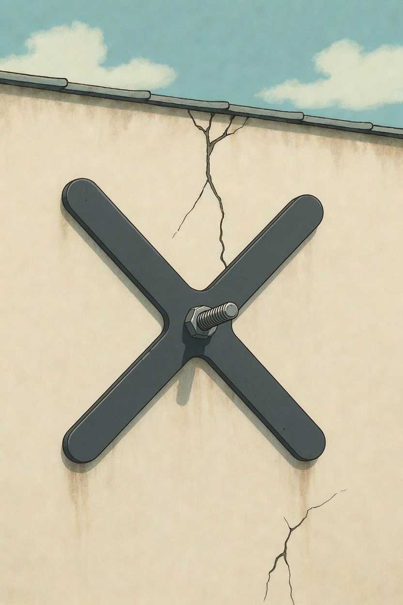 Croix de chainage sur un mur fissuré - dessin